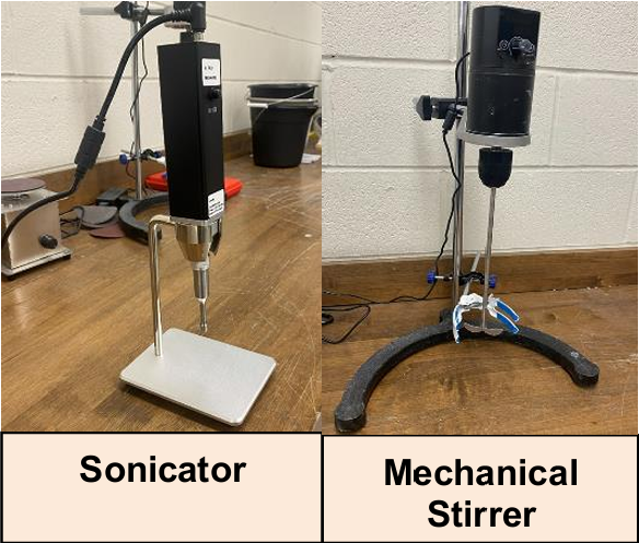 A side by side picture of a Sonicator Machine and a Mechanical Stirrer machine.